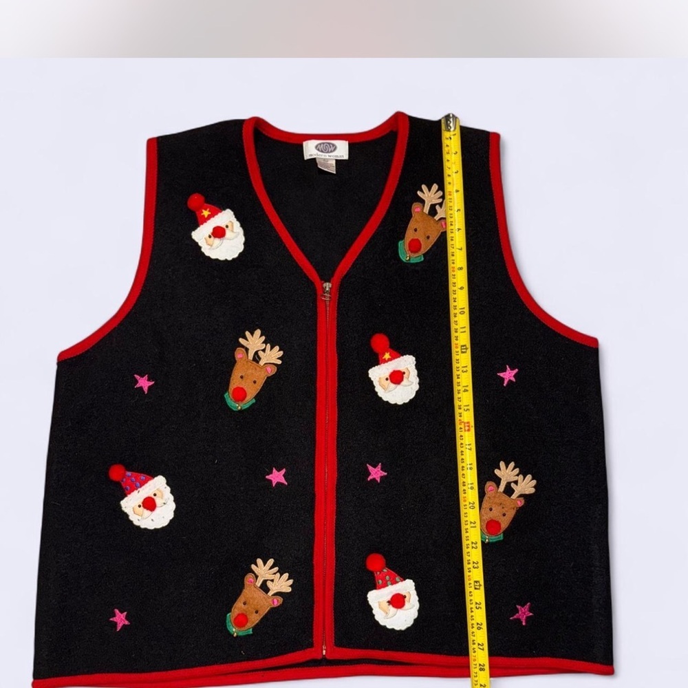 Holiday Black Vest with Red Trim and Festive Motifs - Picture 3 of 5